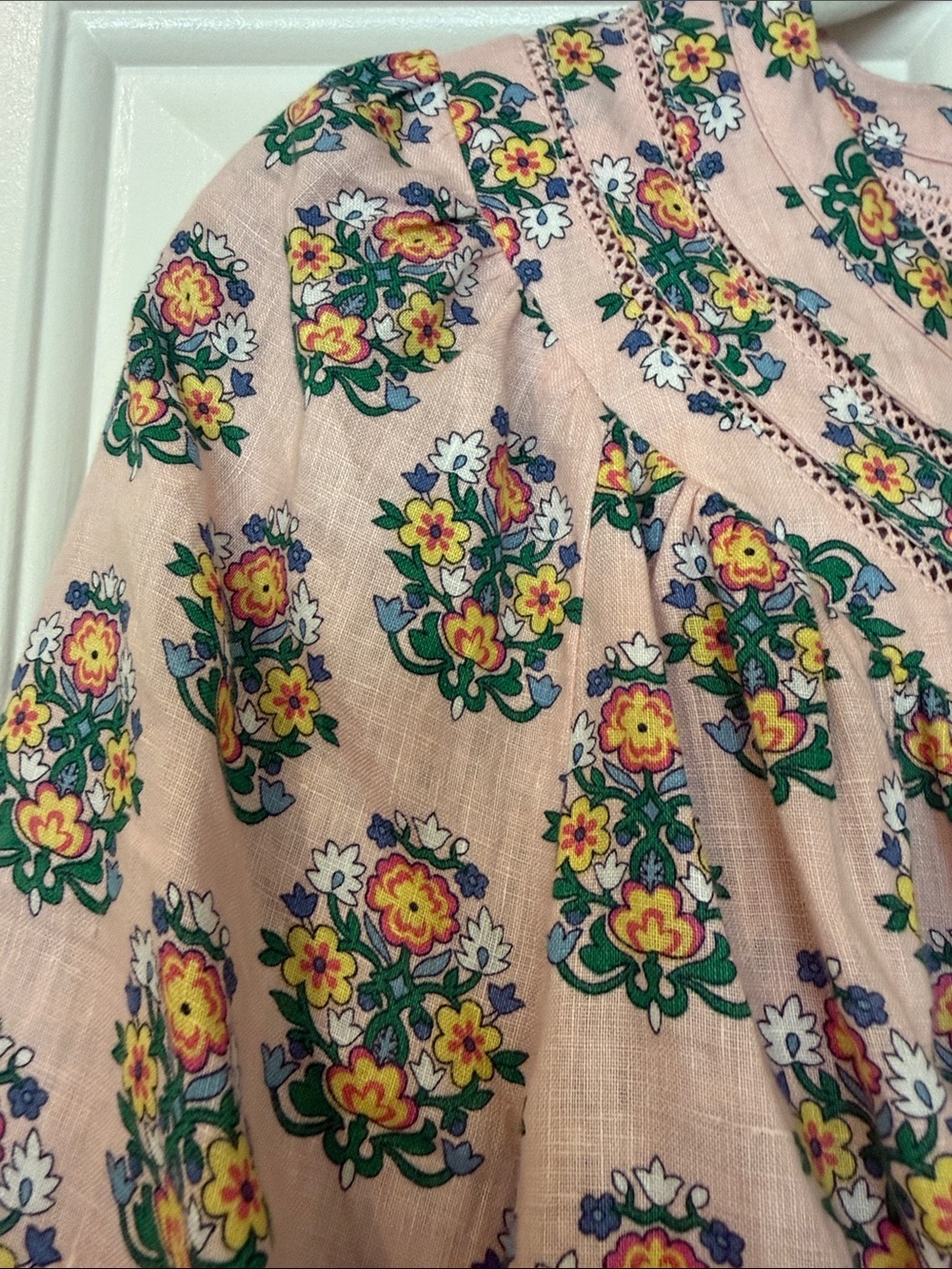 Boden Pink Floral 100% Linen Button-Front Peasant Blouse - Picture 3 of 10